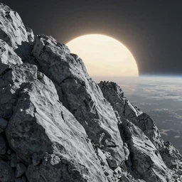 rocky grey planet with huge sun on the horizon