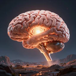 a huge ever growing pulsating brain that rules from the centre of the ultraworld, hyperrealism, octane render, sci - fi