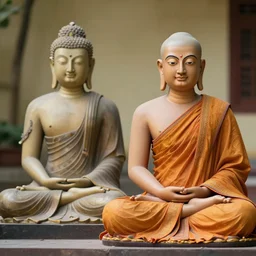 real life siddharta gautama sitting next to his statue, photorealistic, 8 k