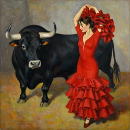 highly detailed painting of flamenco dancer wearing a red dress next to a bull by tamara de lempicka