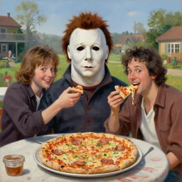 portrait painting of Michael Myers and Glamrock Freddy eating a delicious pizza, tables, happy, charming, typical, picturesque, sharp focus, wide shot, trending on ArtStation, masterpiece, by Greg Rutkowski, by Ross Tran, by Fenghua Zhong, octane, soft render, oil on canvas, colorful, cinematic, environmental concept art