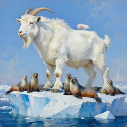 highly detailed painting of white giant majestic chimera goat kitten seals on a blue and white iceberg by william turner, by greg rutkowski, by william constable, thick brush strokes and visible paint layers, 4 k resolution