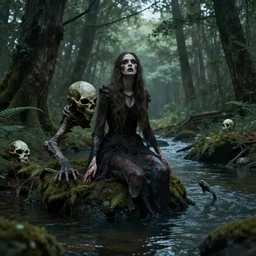 artem demura, forest, skull, horror, ancient, river, creature, hd wallpaper, woman!!!