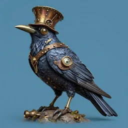 elaborate, detailed, steampunk crow on a blue background