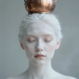 out of focus photorealistic portrait of a beautiful aesthetic pale woman by sarah moon, very blurry, translucent white skin, closed eyes, foggy, with a copper pot on the head