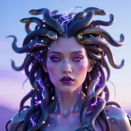 a cyberpunk close up portrait of cyborg medusa, electricity, snakes in hair, sparks, bokeh, soft focus, purple, blue, sunny sky, by paul lehr, jesper ejsing