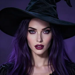 an insanely detailed portrait of a beautiful witch that looks like megan fox with long dark purple hair, wearing black witch hat, beautiful expressive detailed eyes, in the style of peter mohrbacher, artgerm, dramatic lighting and composition, octane render, trending on artstation, concept art