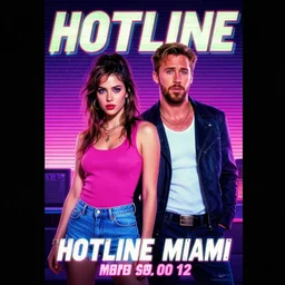 a poster for the live action movie adaptation of Hotline Miami (2012) starring ryan gosling, surrealist, 80s retro, bisexual lighting