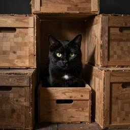 a black cat with a white spot on its chest hiding among wooden boxes, by greg rutkowski and anna podedworna
