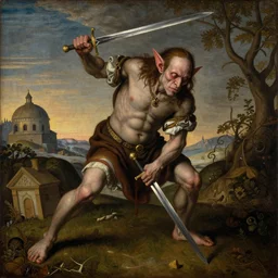 simple renaissance painting of a goblin being slain by a sword, colorful