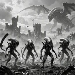 4 prometheus movie monsters, 6 xenomorphs, highly detailed background, black and white, unkown city, haze, landscape, 3 castles, 4 k, photograph, tentacles, chainsaw wings, leviathan, distant mountains, clouds melting, burning landscape