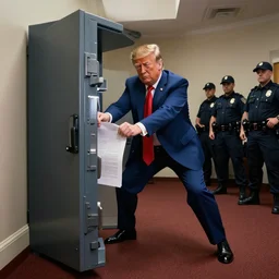 extremely detailed photorealistic, depiction of donald trump, pulling papers out a safe, wide angle, as the police are watching him