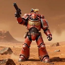 a space marine from warhammer 4 0 k, stading in the powerarmor on mars, raising his rifle in a victorious move