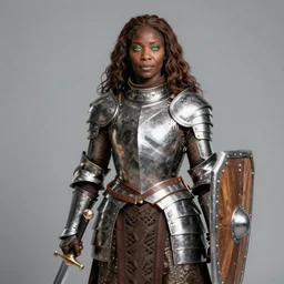 arabella mistsplitter, female dark - skinned aasimar soldier in her fifties, long brown hair, green eyes, african, ethiopian, short height, regular build, magnificent oval face, polished steel armor, shortsword, wooden shield a female dnd fighter's portrait, masterpiece, clear eyes, realistic, by brian patterson and rhads