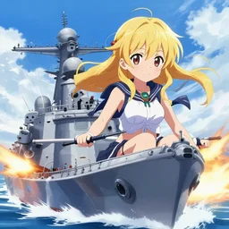 Battleship Murakumo from Kantai Collection in the middle of a firefight, cute, Beautiful depiction of a anime girl , intricate, elegant, highly detailed, digital painting, 4k, HDR, concept art, smooth, sharp focus, illustration,Raytracing , Anime wallpaper ,intricate, elegant