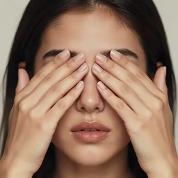 Stunning portrait of Beautiful Hispanic tiny nose womans face with her hands covering her eyes. Soft render, Greg Rutkowski details, Tears pouring down from her eyes, music album cover, artstation, pixivi
