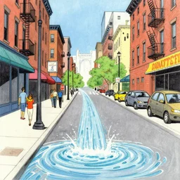 water flowing through the streets in brooklyn, color, front view, drawing by moebius