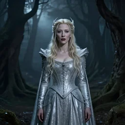 portrait of ((mischievous)), baleful young (Cate Blanchett) as Galadriel as a queen of fairies, dressed in a beautiful silver dress. The background is a dark, creepy eastern europen forrest.  night, horroristic shadows, high contrasts, lumnious,  photorealistic, dreamlike, (mist filters), theatrical, character concept art by ruan jia, Louise Élisabeth Vigée Le Brun, thomas kinkade, and J.Dickenson, trending on Artstation