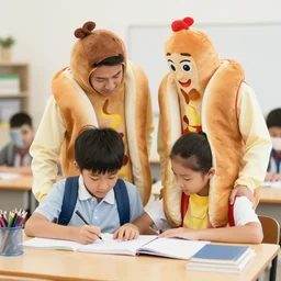 a man in a hot dog costume helping his son studying for school