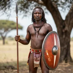 a zulu warrior holding a spear and a zulu shield stands in front of a tree on the american plains at golden hour with the sun setting, digital art trending on artstation