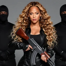 beyonce wearing black bloc holding an ak-47, photo