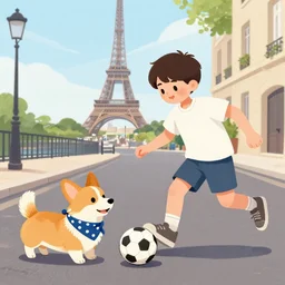 illustration of boy playing football with his dog on the streets of paris and his dog happens to be corgi that wears a polkadot scarf