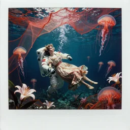 male astronaut and female with a long vintage dress drowning to the deep of water covered in cloth and mesh and net, Surrounded by lilies, jellyfish. camera obscure. Polaroid, vintage. Dispersion of light under water. infrared photography, super detailed and realistic, photorealistic, 8k, center of the frame, redshift, by charlie bowater and andrei tarkovsky, oil canvas painting