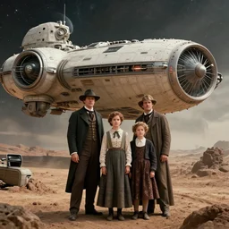 highly detailed, 256435456k film, 1612800mm film still from a sci fi blockbuster color movie made in 2019, set in 1860, of a family standing in front of a spaceship that has just landed on an alien planet, the family are all wearing 1860s era clothes, good lighting, good photography, ultra high definition