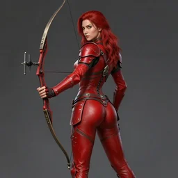 Female archer, dnd, d&d, leggins, red skintight leather armor, red hair, looking from behind, visible face, beautiful face, derriere, high fantasy, matte painting, by wlop