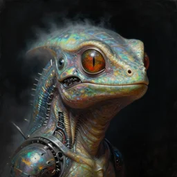 a neoclassicist close - up portrait of a reptile entity with surrealist features. iridescent reflective alien technology. foggy black background. highly detailed science fiction painting by norman rockwell, frank frazetta, syd mead and moebius. rich colors, high contrast, gloomy atmosphere, dark background. trending on artstation.
