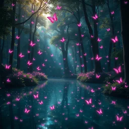 a forest with a lake full of pink butterflies and fireflies of all colors ultra realistic, lens flare, atmosphere, glow, detailed, intricate, full of colour, cinematic lighting, trending on artstation, 4 k, hyperrealistic, focused, extreme details, unreal engine 5, cinematic, masterpiece, ultra realistic, hyper realistic, highly detailed, sharp focus, digital art