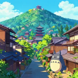 a beautiful japanese city in the mountain, amazing ryokans and gorgeous edo era houses, yokai all around, epic cyberpunk, lofi vibe, colorful, vivide colors, amazing light, light beams with dust, really mesmerizing nature, by jeremy lipkin, by claude monet, by makoto shinkai, kandinsky touches, inspired by ghibli, masterpiece, beautiful
