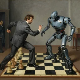 “a renaissance painting of the heroic final battle between a dull clerk in a grey suit and a cyborg robot, the fight is happening on a life sized chessboard”