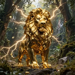 black lion's god with body made from gold lightnings surrounded by epic forest and mountains, colossal scale, cinematic shot, hyperdetails,  by Evgeniy Antonenkov and James Jean