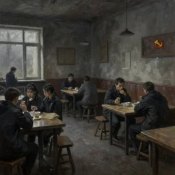 dark oil realistic painting an extremely gloomy communist cafeteria