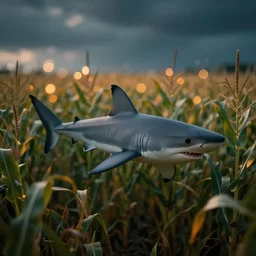 a field of corn in which a shark swims, bokeh, dramatic lighting, cinematic, establishing shot, high detail, cinematic lighting, post processed, 8k, concept art, artstation, matte painting, in the style of eddie mendoza, raphael lacoste, alex ross
