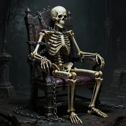 a skeleton tied to the chair in a dungeon, steel chains binding the skeleton, diablo 2 style, dark, demonic, horror, hyperrealistic, sharp, digital art, featured on artstation, HD, 8K, highly detailed, masterpiece