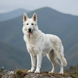a white german shepherd on a mountain top