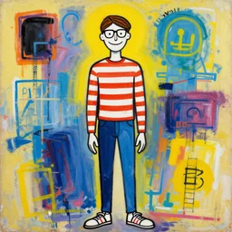 Where's Waldo, in the style of a Basquiat painting