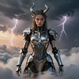 symmetry! closeup portrait of a biblical diabolical hunter model girl, fashon cyborg armor, in clouds, cinematic studio light! thunder, rainrops! storm, sunset, by gerald brom, by mikhail vrubel, by peter elson, high contrast, muted colors, extreme detail, mirrors, trending on artstation, 8 k