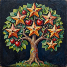 intricate five star apple tree portrait by pablo picasso, oil on canvas, hdr, high detail, photo realistic, hyperrealism, matte finish, high contrast, 3 d depth, centered, masterpiece, vivid and vibrant colors, enhanced light effect, enhanced eye detail, artstationhd