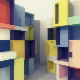 abstract geometric art made of boxes of varied sizes and colours, arranged like modern architecture in bauhaus and paul rudolph style, two point perspective, 5 0 mm focal lens, analogous complementary colour scheme, hyperrealism, archviz, octane render