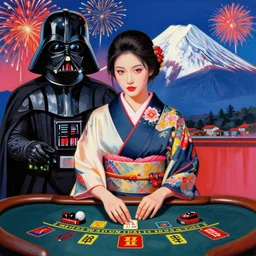 hyperrealistic composition of the detailed woman in a japanese kimono sitting at a extremely detailed black jack table with hyperdetailed darth vader, fireworks, mountain fuji on the background, pop - art style, jacky tsai style, andy warhol style, acrylic on canvas