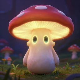 glowing mushroom character with big oval shaped eyes. sharp focus. highly detailed. pixar.
