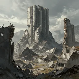 crumbling ruined city, sci - fi digital art by simon stalenhag