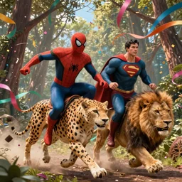 Spiderman and superman are riding on cheetah and a lion running through the forest and surrounded by colorful ribbons and party confetti , concept art, huge scale, high detail, sci fi by James Jean