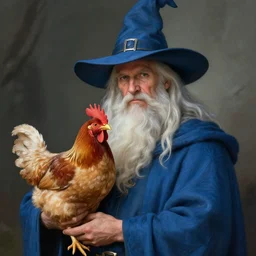 fantasy storybook illustration of a portrait of wizard with a long white beard and a wizard hat holding a pet chicken, wearing a blue robe, dungeons and dragons, by Larry Elmore and John Howe and Alan Lee