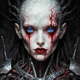 ayuso demon, no mercy, blood in its face, horrifying ugly, fascists, blood vessels, blue eyes, black energy, dystopian surrealism, zdzisław beksinski, symmetry accurate features, very intricate details, high resolution, symmetrical long head, smooth marble surfaces, detailed ink illustration, robot, metal gear, cinematic smooth stone, deep aesthetic, concept art