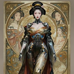 Photorealistic illustration, full body geisha cyborg woman, with fashion clothe, six digital eyes by sorayama , cyberpunk 2077, sci-fi, futuristic, intricate, elegant, highly detailed, digital painting, artstation, concept art, smooth, sharp focus, art by artgerm, greg rutkowski and alphonse mucha