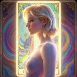 side portrait, imogen poots paladin, gloomhaven, soft, smooth, luminescent, art nouveau tarot, backlit glow, colorful swirly ripples, gaudy colors, fashion, aesthetic octane render, unreal engine, 8 k, by greg rutkowski, jesper ejsing, rhads, ilya kuvshinov, cushart krenz